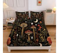 Drap Housse 90x200cm Étrange Champignons Forêt 1, Personnes, Motif Ciel Étoilé Plantes, Parure de Lit Microfibre Doux, Bonnet 30 cm, Brun Drap Housse + 2 Taie d'oreiller 65x65 cm