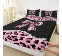 Drap-housse africain avec nœud guépard, sans drap plat, motif léopard, coquette, nœud, tissu décoratif doux, rose, noir, moderne, tendance, taille simple, avec 1 taie d'oreiller