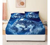 Drap-Housse Animaux du Ciel Nocturne Loup literie Drap-Housse imprimé Bleu avec élastique Housse de Matelas Protège en Drap-Housse Microfibre avec Bonnet 30cm 140 x 190 cm