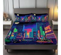 Drap Housse Antidérapants Violet Housse de Matelas, Impression de Futur Nostalgie Néon Ville Confortable Respirant Drap-Housse Poche Profonde 30 cm, Ensemble de Literie 200 x 200 cm