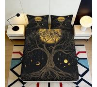 Drap Housse Arbre de Vie doré imprimé 3D en Microfibre Noire, Motif Ciel étoilé, Protection Matelas, Cadeau Maison 90x200x25cm