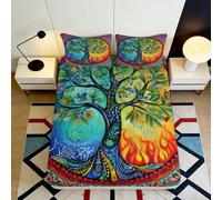 Drap Housse Arbre de Vie imprimé 3D Microfibre Coloré Feu Eau Protège-Matelas Chambre Lavable Antidérapant Décor 90x200x25cm