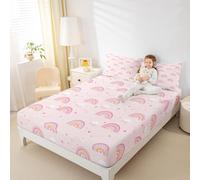 Drap-housse arc-en-ciel pour très grand lit (sans plat), parure de lit 3 pièces avec imprimé étoiles roses, décoration de chambre, draps de lit à motif nuage arc-en-ciel, drap-housse à poches