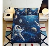 Drap Housse Astronaute Espace 3D Imprimé Microfibre Poche Profonde Linge de Lit Chambre Univers Thème Protège Matelas Fitted Lavable Tout Enveloppant 140x200x25cm