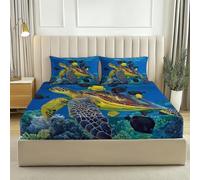 Drap-Housse avec Bonnet 30 cm pour Matelas 2 Personne, Motif Océan Tortue Poisson Tropical, Drap-Housse Enfant avec élastique Tout Autour 180x200 cm Parure de lit en Microfibre, Bleu