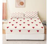 Drap Housse avec Motif Cœur Rouge, 160 x 200 cm, Bonnet 30 cm, Petit Motif Coeur Antidérapant et Résistant aux Rides Drap-Housse Imprimé Microfibre
