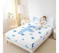 Drap-housse avec motif lettre initiale F, collection monogrammé avec nœud papillon bleu mignon, poche profonde pour enfants, adolescents et jeunes avec 2 taies d'oreiller (sans drap plat)