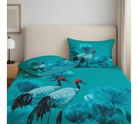 Drap Housse - Bleu Sarcelle, 200 x 200 x 30 cm, Bonnets 30 cm (12") pour Matelas Épais - Coins Élastiqués Drap-Housse - Lavable en Machine Feuille (Moderne Art Grue Oriental)