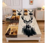 Drap Housse Bonnet 30Cm Matelas 2 Personnes, Drap Housse Forêt De Rennes avec Élastique Tout Autour, Microfibre Doux Motif Animaux en Grain De Bois, 140X200Cm+30Cm, Crème