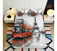 Drap Housse Bus Urbain 3D Imprimé Microfibre Grande Profondeur Linge de Lit Chambre Housse de Matelas Paris Non-Glissante Bord Élastique Lavable Adultes Jeunes 140x200x25cm