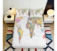 Drap Housse Carte du Monde 3D Imprimé Microfibre Antidérapant Grande Profondeur Linge de Lit Chambre Carte du Monde Mattress Fitted Cover Lavable 180x200x25cm