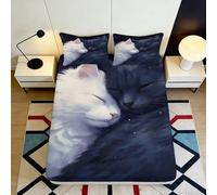 Drap Housse Chat endormi 3D imprimé Microfibre Motif Chat Noir Blanc Housse de Matelas Lavable Chambre Étudiant Décoration 90x200x25cm