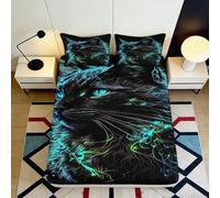 Drap Housse Chat Noir 3D imprimée Microfibre Yeux Verts Brillants Housse de Matelas décor Chambre, Cadeau 90x200x25cm