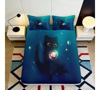 Drap-Housse Chat Rêveur 3D Imprimé Microfibre Profondeur Ajustée Antidérapant Adulte Ensemble Linge de Lit Chat Noir Mattress Fitted Cover Lavable Protection Lit 180x200x25cm