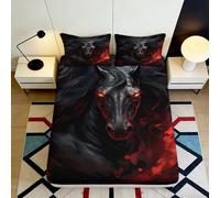 Drap Housse Cheval Noir 3D imprimé Microfibre Couverture de Matelas Flamme Rouge Décoration Chambre Facile à Entretenir 90x200x25cm