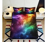 Drap-Housse Ciel Étoilé Galaxie 3D Imprimé Microfibre Coloré Nébuleuse Cosmique Protège-Matelas Antidérapant Lavable Déco Chambre Étudiant 90x200x25cm