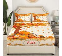 Drap-housse citrouille d'automne taille S - Automne - Feuilles d'érable naturelles - Protège-matelas avec 1 taie d'oreiller - Baie rouge - Aquarelle - Rustique - Deep Pocket - Housse de couette pour