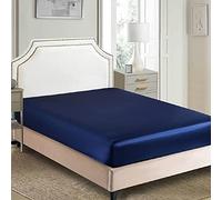 Drap-housse classique en satin soyeux, draps de lit luxueux, couleur unie, bleu marine, King (150/160 x 200 + 30 cm)