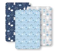 Drap Housse Cododo 50x83 cm, Lot de 3 Microfibre Ultra Douce et Lisse Élastique sur Tout Le Tour - pour Matelas de Lit Berceau de 50x80 cm à 55x90 cm, Animaux sur Nuages Bleus