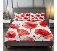 Drap Housse Coquelicot Aquarelle 160x200cm Microfibre 3D Imprimé Housse de Matelas 30 cm Épais Protection de Matelas - Antidérapants Résistant Décoloration aux Rides