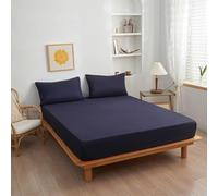 Drap Housse Coton 180x200 Grand Bonnet 20 cm 2 Personnes, Draps Housse Bleu Marine Couleur Unie Elastique Tout Autour