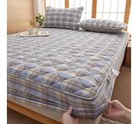 Drap-housse de luxe très profond pour lit simple épais matelassé en coton délavé et lin, protège-matelas antidérapant à carreaux - Bleu - 90 x 200 cm - 1 pièce