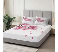 Drap Housse De Simples Fleurs De Cerisier Dansant Élégamment, Housse de Matelas Protège en Microfibre avec Bonnet 30cm - Antidérapants Résistant aux Rides avec Taies d'oreillers, Blanc, 180 x 200 cm