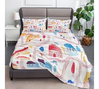 Drap Housse Dessin Animé Plan De Ville Simple, Housse de Matelas Protège en Microfibre avec Bonnet 30cm - Antidérapants Résistant aux Rides avec Taies d'oreillers, Crème, 180 x 200 cm