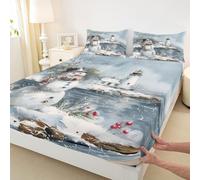 Drap-housse d'hiver de Noël pour enfants, motif phare, bonhomme de neige, plage, garçons et filles, flocon de neige, ferme, poinsettia, décoration de chambre, gris bleu, 2 taies d'oreiller (sans plat)