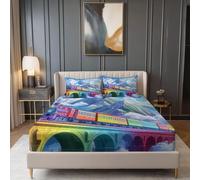 Drap Housse Doux Contes De Fées Trains Aventures Thème, 200 x 200 cm Drap-Housse en Microfibre avec Coins Élastiqués - Respirant Draps-Housses pour Matelas de 30 cm Haut, Bleu