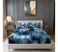 Drap Housse Doux Nature Aquarelle Paysage Forestier Thème, 150 x 200 cm Drap-Housse en Microfibre avec Coins Élastiqués - Respirant Draps-Housses pour Matelas de 30 cm Haut, Bleu Foncé