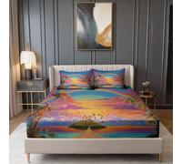 Drap Housse Doux Style Fantastique Îles Couchers De Soleil Thème, 200 x 200 cm Drap-Housse en Microfibre avec Coins Élastiqués - Respirant Draps-Housses pour Matelas de 30 cm Haut, Coloré