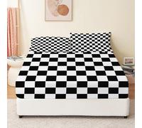 Drap Housse Drapeau De Course À Damier Géométrique 160 x 200 cm Blanc Noir, Drap-Housse Doux Respirant et Résistant Microfibre Lavable en Machine, Imprimés Drap Housse Poche de 30 cm Profondeur