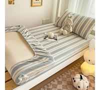 Drap-housse en coton à rayures - Protection de lit douce et respirante, antidérapante, élastique avec poche profonde, pour lits superposés pour dortoir d'étudiants (bleu à rayures, 90 x 200 cm)