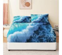Drap Housse en Microfibre 140x190 cm Bonnet de 30 cm, Motif Vagues Bleues de L'OcéAn Drap Housse Housse de Matelas Doux Respirant avec Une Rebord Élastique Bleu Drap de lit Facile à Nettoyer
