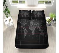 Drap Housse en Microfibre à imprimé 140 x 200 cm Drap Housse Protège pour Matelas Épais jusqu'à 30 cm, Carte du Monde Vintage Housse de Matelas Antidérapants Résistant aux Rides Gris Noir