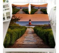 Drap-Housse en Microfibre Brossée 80x160 cm avec Grand Bonnet 30cm, ModèLe de Phare de Bord de Mer Drap Housse en Doux, Anti Plis pour 1 Personnes Lit, Respirant Hypoallergénique, Paysage Naturel