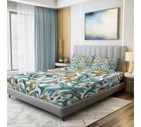 Drap Housse en Microfibre Douce 160 x 200 cm, William Morris Feuilles Fleurs Motif Parure de Lit avec 2 Taies D'oreillers - Bleu Respirant Draps-Housses pour Décoration Chambre