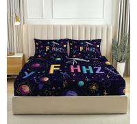 Drap Housse en Microfibre Imprimé Alphabet des étoiles de l'espace Fantastique, Doux et Respirant, Housse de Matelas avec Grands Bonnets de 30 cm, Élastique Toute Autour, (Bleu foncé, 200 × 200 cm)