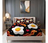 Drap-Housse en Microfibre Imprimée Abstrait Mignon Œuf Au Plat Bacon Forme Cœur,Noir Housse De Matelas Et Antidérapante - Style Drap-Housse 140 x 200 + 30 cm Adapté Aux Matelas De 30 Cm D'Épaisseur