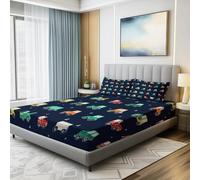 Drap-Housse en Microfibre Imprimée Voiture Miniature De Dessin Animé Abstraite,Bleu Marine Housse De Matelas Respirante Et Antidérapante - Style Drap-Housse 90 x 200 + 30 cm Adapté Aux Matelas