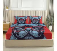 Drap Housse en Microfibre Lunettes Bouledogue Français Marques Tendance Housse de Matelas Respirant Antidérapants Résistant aux Rides Rouge Bleu Drap Housse Protège pour Matelas d'épaisseur 160 x 200