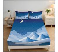 Drap Housse en Microfibre Style Plat Dessin Animé,Étoiles Illustration Sommets Montagnes Housse de Matelas Respirant Antidérapants,Bleu Drap Housses 160x200cm pour Matelas 30 cm d'épaisseur