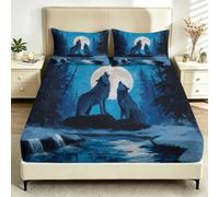 Drap Housse et Taies 160 x 200 cm Bleu Loup Lune et Forêt Nocturne Lit | Parure de Lit Bonnet 30 cm Élastique Tout Autour, Microfibre Douce et Respirante, Lavage Facile sans Décoloration ni Plis