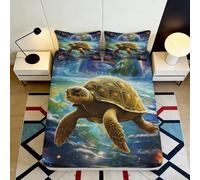 Drap-Housse Fitted Sheet Microfibre 3D Printing Tortue de Mer Motif Antidérapant Profondeur Adaptée Housse de Matelas Lavable Chambre Océan Toutes Saisons 140x200x25cm