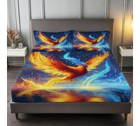 Drap Housse Flamme De Phénix De Dessin Animé Drap Housse Bonnet 30cm Matelas en Microfibre, Doux et Durable Respirant avec Élastique Tout Autour, Bleu, 200 x 200 cm