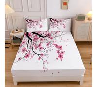 Drap Housse Fleurs De Cerisier, Lavable Ajustable Housse Matelas avec Bonnet 30 Cm, Aquarelle Microfibre Drap-Housse avec Une Rebord élastique (Rose, 90x190x30 cm)