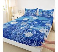 Drap-housse floral pour lit double (sans plat), ensemble de literie de construction japonaise 3 pièces, décoration de chambre d'enfant, adolescente, femme, drap de lit vintage à motif floral bleu