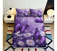 Drap-Housse Impression 3D Papillon Violet Fleurs Microfibre Poche Profonde Antidérapant Literie Chambre Papillon Fleur Housse Matelas Lavable 180x200x25cm