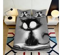 Drap Housse Imprimé 3D Chat Noir Cartoon Microfibre Grande Profondeur Anti-Dérapant Ensemble de Lit Chat Mattress Fitted Cover Lavable 140x200x25cm